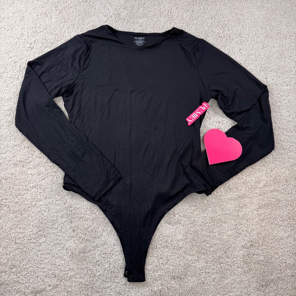PUMIEY Long Sleeve Crew Neck Bodysuit Black 2XL NWT Slim Fit Thong Snap Closure